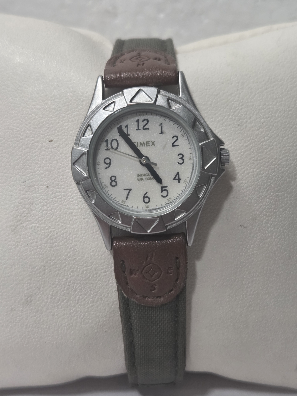 Timex Silver Case Watch with Brown & Beige Strap Indiglo